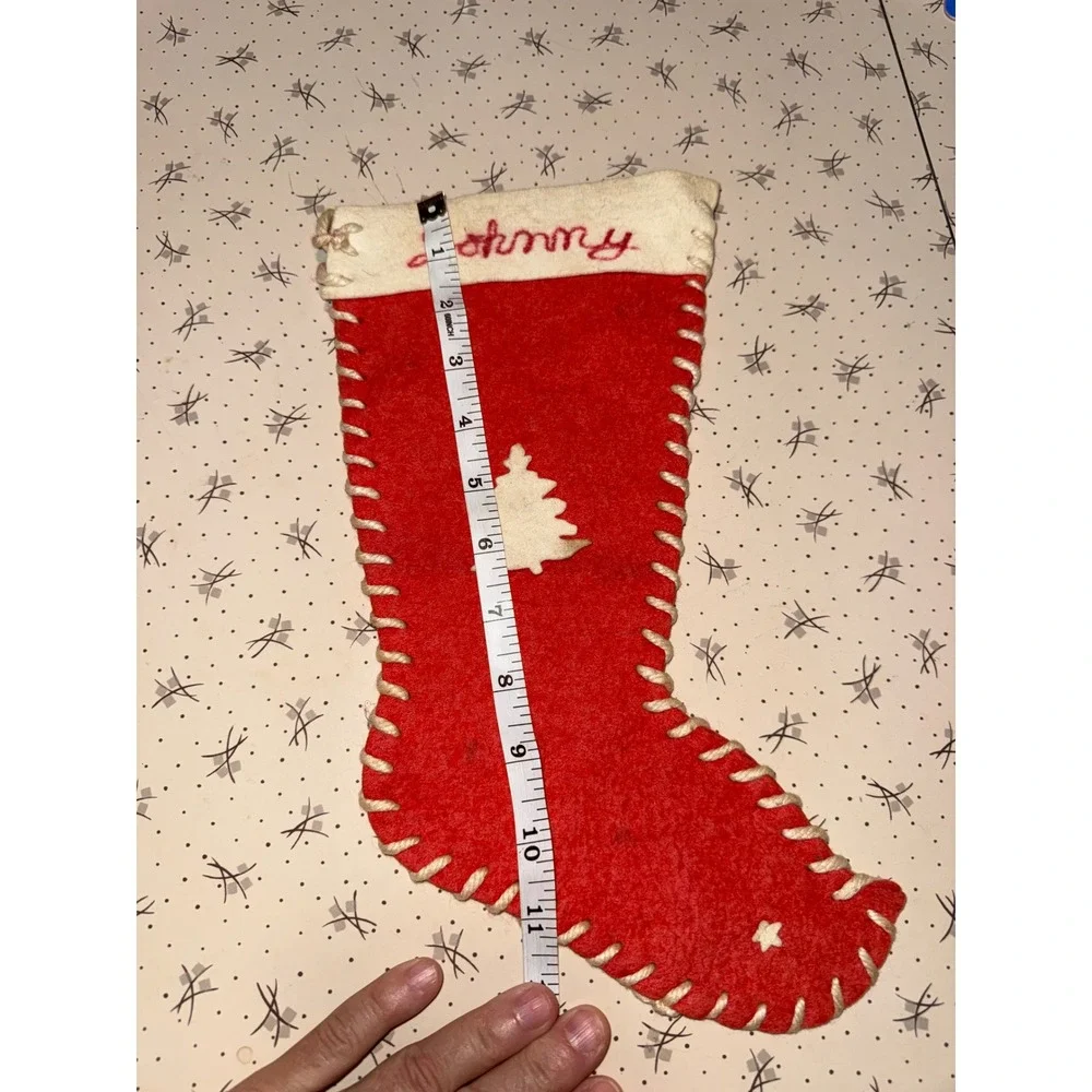 Vintage Red Felt Christmas Stocking Handmade Johnny Whipstitch Tree Star 11in